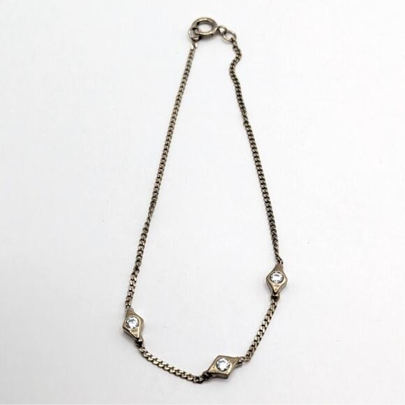Sterling Silver 925 Thin Minimalist Geometric Chain Crystal Bracelet 1.3g 6.75in - Picture 3 of 6
